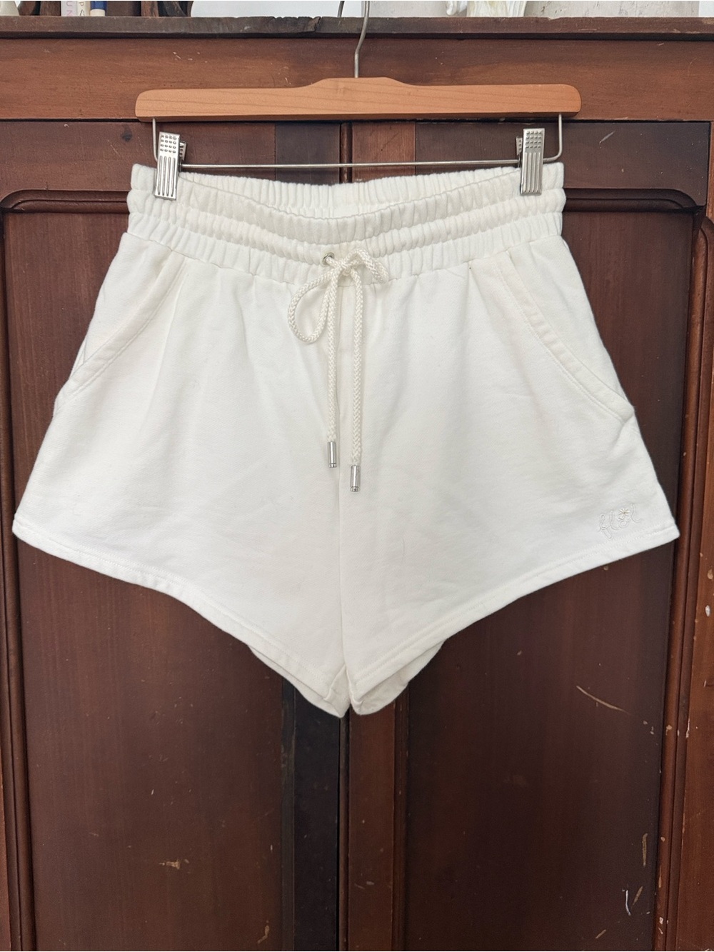 For Love And Lemons Light Cream Elastic Waist Drawstring Athletic Shorts